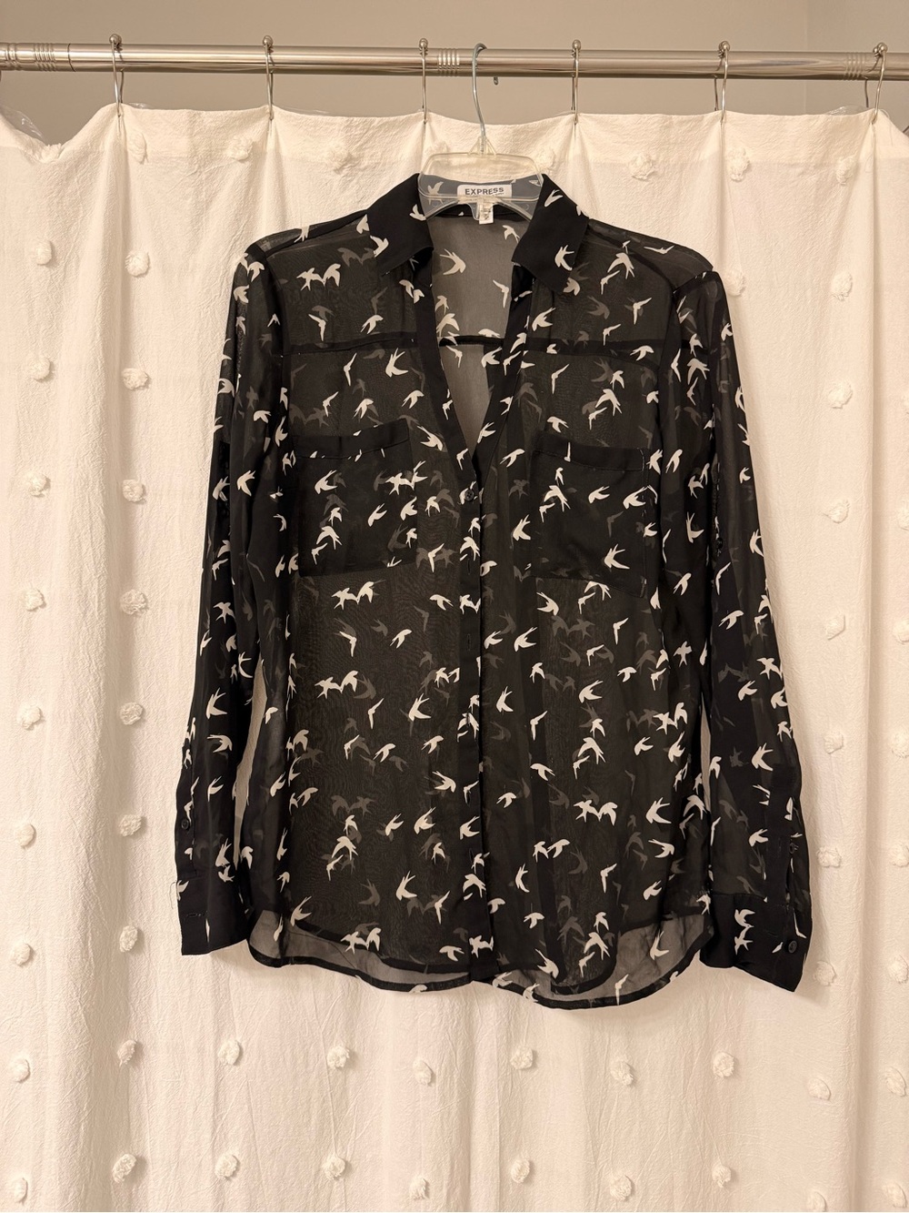 Express Black Sheer Button-Down Blouse with White Bird Print